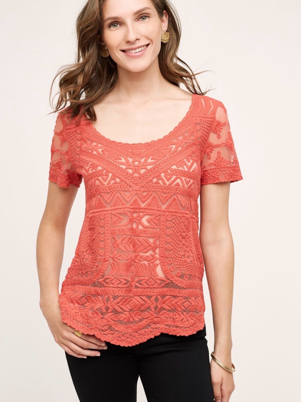 Anthropologie Coral Embroidered Scoop-Neck Lace Top